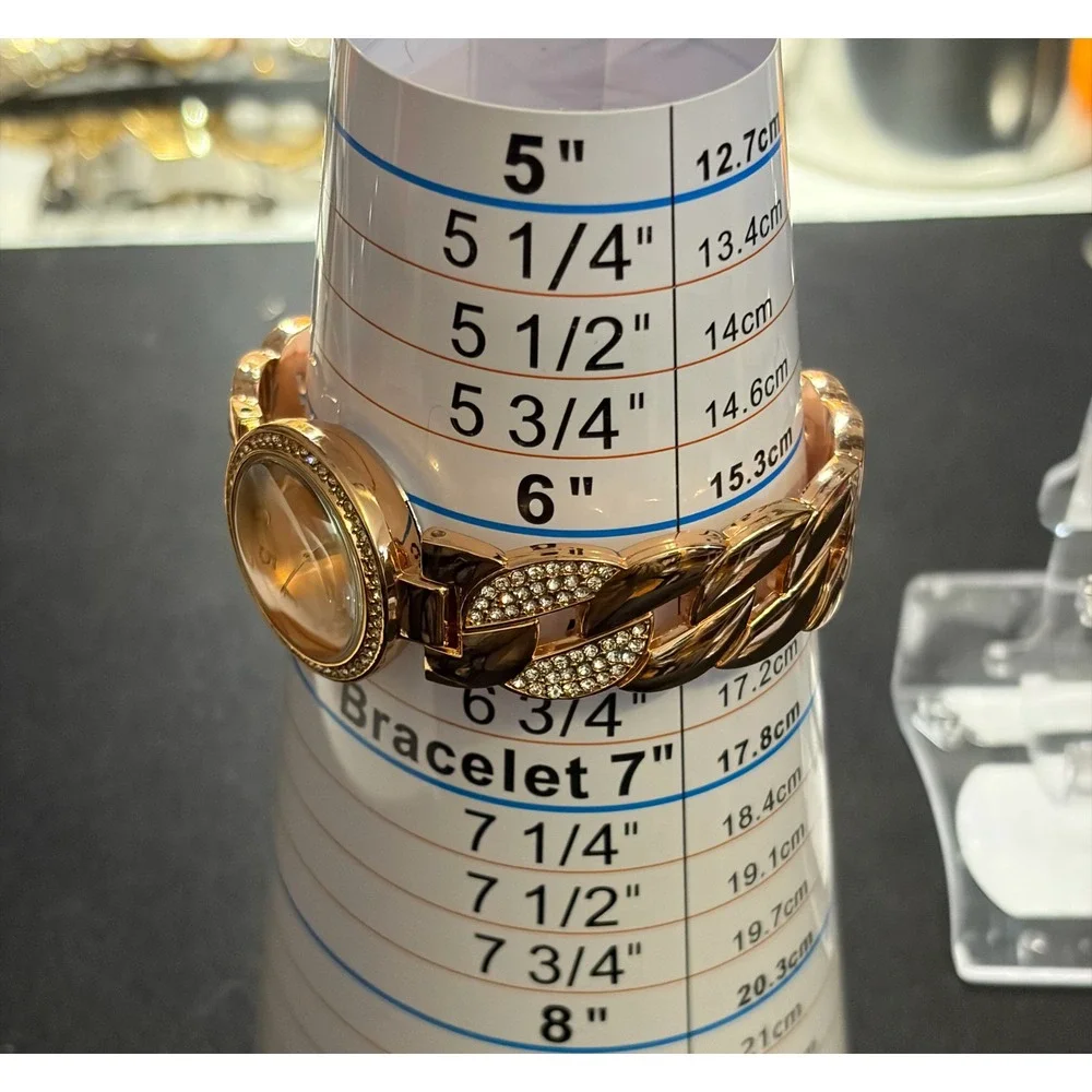 FMD Cuff Watch Women OS Rose Gold Tone Rhinestone Chain Link Analog Quartz